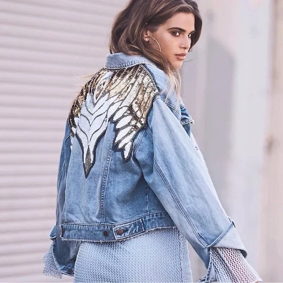 Free People Glam Embellished Denim Blue Jean Jacket (L) NEW - Picture 2 of 5